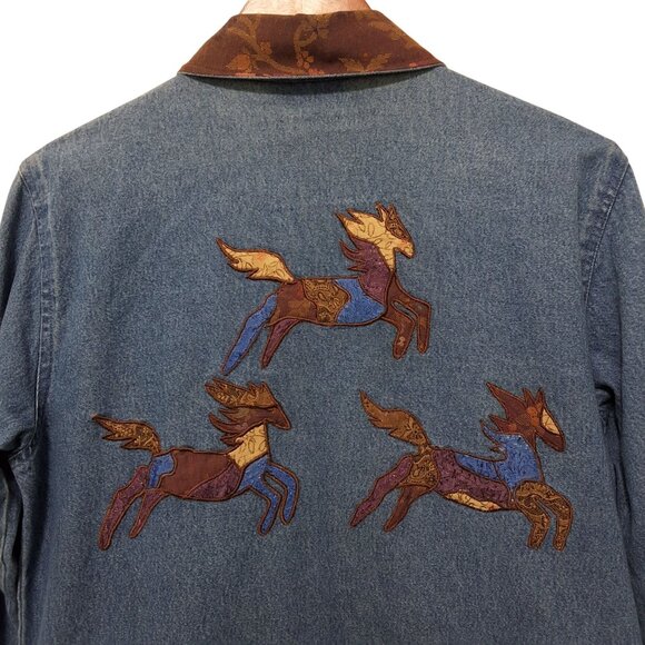Coldwater Creek Equestrian-Themed Mixed Media Denim Jacket Womens S Western Boho - Picture 4 of 10